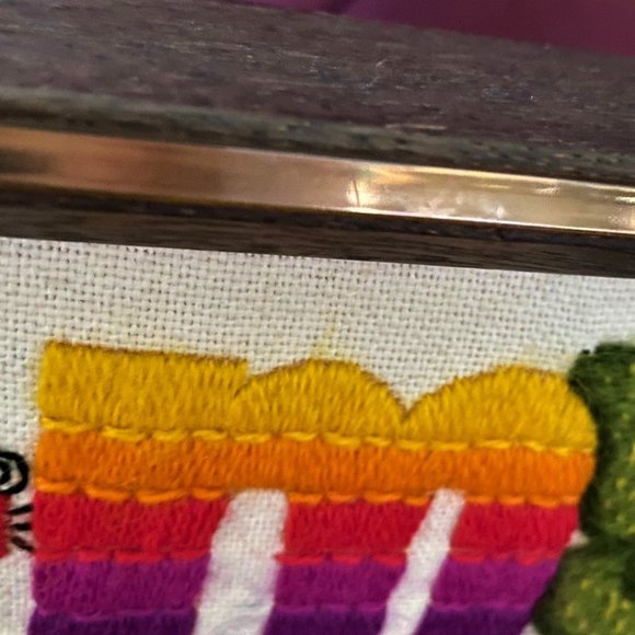 2/$30 Vintage Handmade embroidered framed sign wall/door hanging ladybugs - Picture 6 of 12